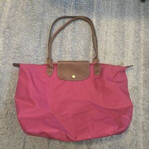 LONGCHAMP Large Le Pliage   Pink Brown Leather Zip Tote Bag USED